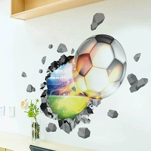 Sticker mural 3D ballon de football perçant le mur avec vue sur stade de foot