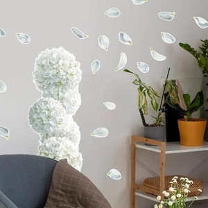 Elegant white hydrangea wall stickers for living room decor with self-adhesive PVC design