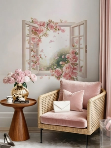 Detailed close-up of 3D window view wall sticker with pink roses in a modern living room