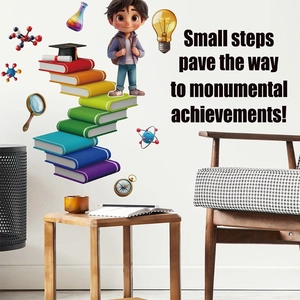 Educational wall sticker set for kids room featuring cartoon boy and motivational quotes