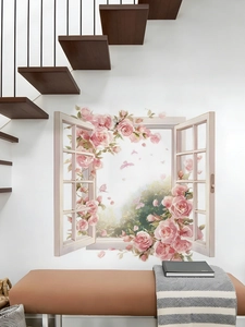 Detail of 3D window wall sticker with pink roses and white frame on a modern interior wall
