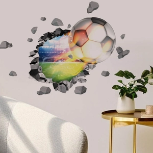 Sticker mural 3D football montrant un ballon brisant le mur vers une vue sur le stade