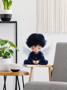 Detailed wall decal of a sleeping angel boy with blue hair and white wings on a white wall