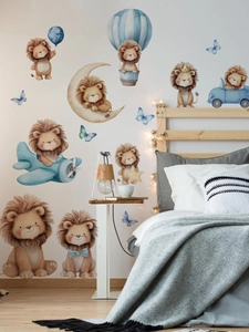 Detailed view of watercolor lion wall stickers with airplane and hot air balloon motifs