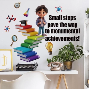 Inspirational cartoon boy reading book stairs wall decals for children study room
