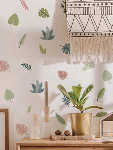 Detail of tropical leaf wall stickers in Morandi tones for Nordic home decoration