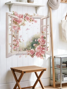 3D wall sticker featuring a white open window frame and pink roses on a white wall