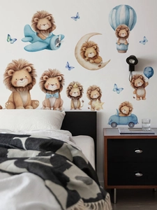 Detailed view of cartoon lion wall stickers including airplanes and hot air balloons