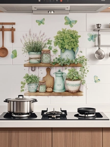 Detail of PVC self-adhesive wall stickers with green plants and vintage kitchen pots