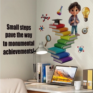3D cartoon boy study wall decal with educational science motifs for home office decor