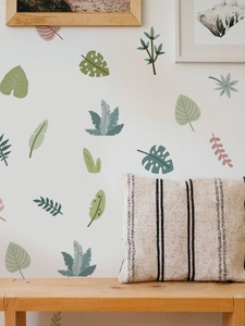Detail of Nordic green leaf wall stickers with monstera and palm patterns in Morandi tones