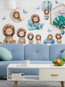 Close-up of watercolor lion wall stickers with hot air balloons and airplanes for kids room