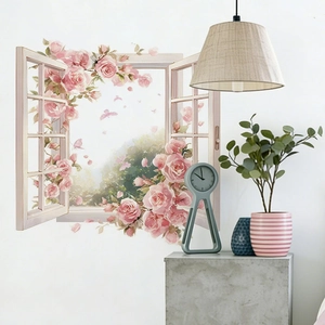 3D False Window Wall Sticker Romantic Pink Rose Floral PVC Waterproof Removable Self Adhesive Wall Decal For Living Room Bedroom Home Decor