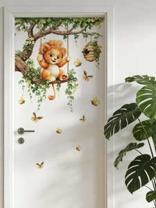Close-up of a cartoon lion on a swing wall sticker with butterflies for home decor
