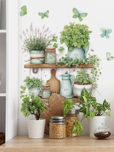 Detail of watercolor green potted plants and rustic wooden shelves wall stickers decor