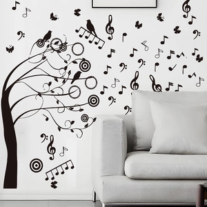 Sticker mural arbre de notes de musique en PVC noir minimaliste pour salon décor