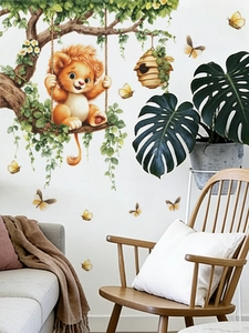 Cartoon lion on swing wall decal with butterflies for nursery and living room decor