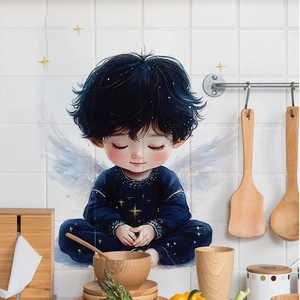 Charming angel boy wall sticker for kitchen tile decoration featuring a cute starry blue outfit