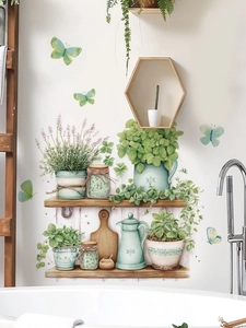 Close-up of green potted plant wall stickers in watercolor style for bathroom decor