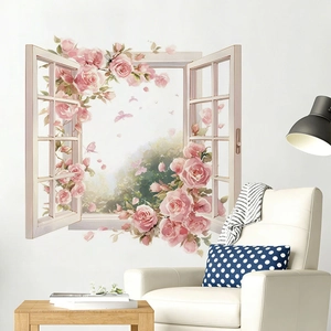 3D pink rose flower window wall sticker in a cozy living room background