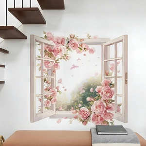 Pink rose window wall sticker, self-adhesive PVC floral decal for living room home decor