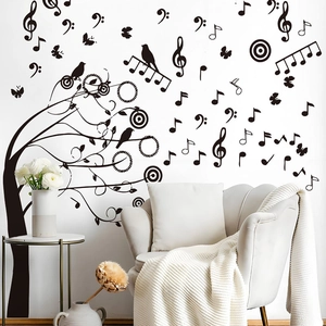 Sticker mural arbre à musique noir avec notes et oiseaux pour salon moderne