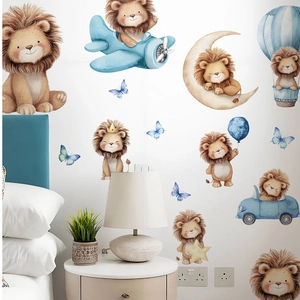 Cartoon lion wall stickers for kids room featuring lions in airplanes and balloons