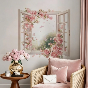 3D pink rose flower window wall sticker for living room bedroom home decor