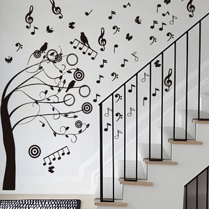 Sticker mural arbre à musique créatif avec oiseaux et notes pour salon décor