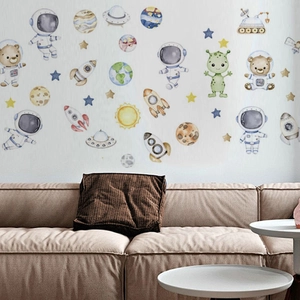 Stickers muraux aquarelle thème espace avec astronautes et planètes pour salon