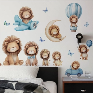 Cartoon lion wall stickers for kids bedroom with airplane and hot air balloon designs