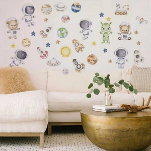 Stickers muraux thème espace avec astronautes et fusées aquarelle pour décoration intérieure