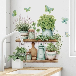 3D green potted plant wall stickers with herbs and butterflies for kitchen decor