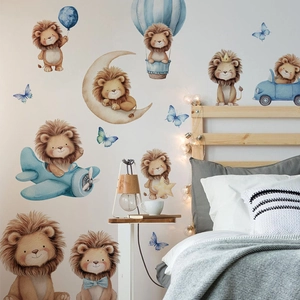Hand-painted watercolor cartoon lion wall stickers for children's bedroom decor
