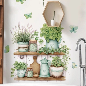 Self-adhesive PVC wall sticker with vintage green potted plants and rustic wooden shelves