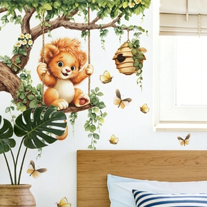 Cartoon Lion Swing Tree Wall Sticker PVC Self Adhesive Animal Nursery Wall Decal For Kids Room Bedroom Home Decoration