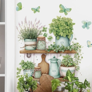 Watercolor potted plants wall stickers with green butterflies for home decor
