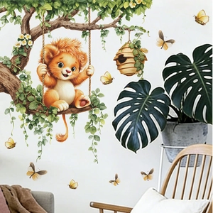 Cartoon lion on swing wall sticker with jungle vines and butterflies for home decor