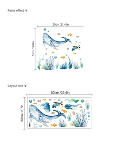 Detailed size chart for watercolor ocean wall stickers featuring blue whales and sea turtles