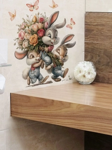 Detail of Easter wall sticker featuring hand-drawn rabbits with roses and butterflies