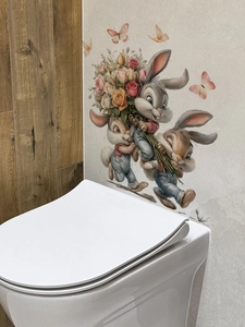 Detail of Easter bunny stickers holding flowers on a grey bathroom wall decor
