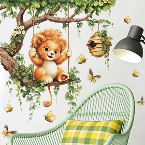 Cartoon lion swinging on a tree branch wall sticker for kids room home decoration