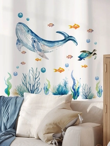 Watercolor ocean theme wall stickers featuring a large blue whale and sea turtle