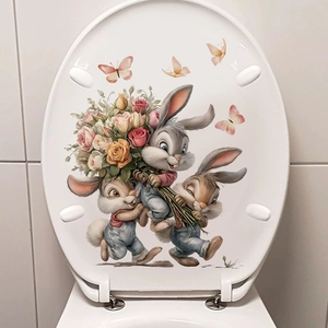 Easter wall decal featuring cartoon rabbits holding floral bouquet with butterflies
