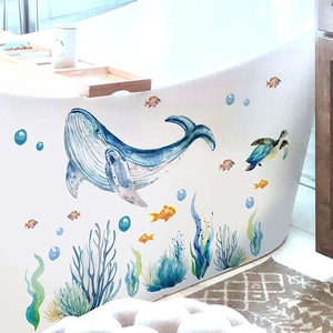 Watercolor humpback whale and sea turtle PVC wall stickers on white bathtub
