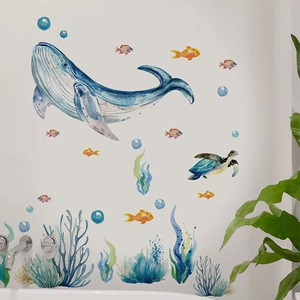 Ocean theme wall decals featuring watercolor whale, turtle and coral for home decoration