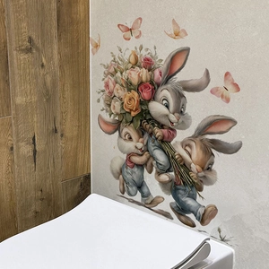 Cartoon bunnies carrying large flower bouquet PVC wall sticker for home decor