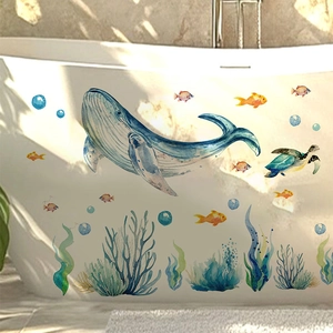 Waterproof watercolor dolphin and sea turtle wall stickers set for bathroom decoration