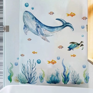 Self-adhesive watercolor ocean wall stickers featuring whales and sea turtles