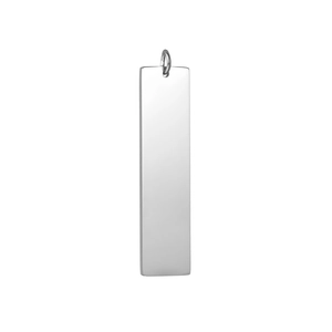 Detailed close-up of a silver mirror polished rectangular pendant made of stainless steel